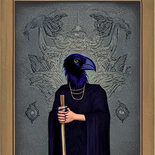 Image similar to portrait of a raven in a vantablack cloak and holding a symbolic weapon. portrait hung up in a windows 9 8 castle. r / oldschoolfantasy