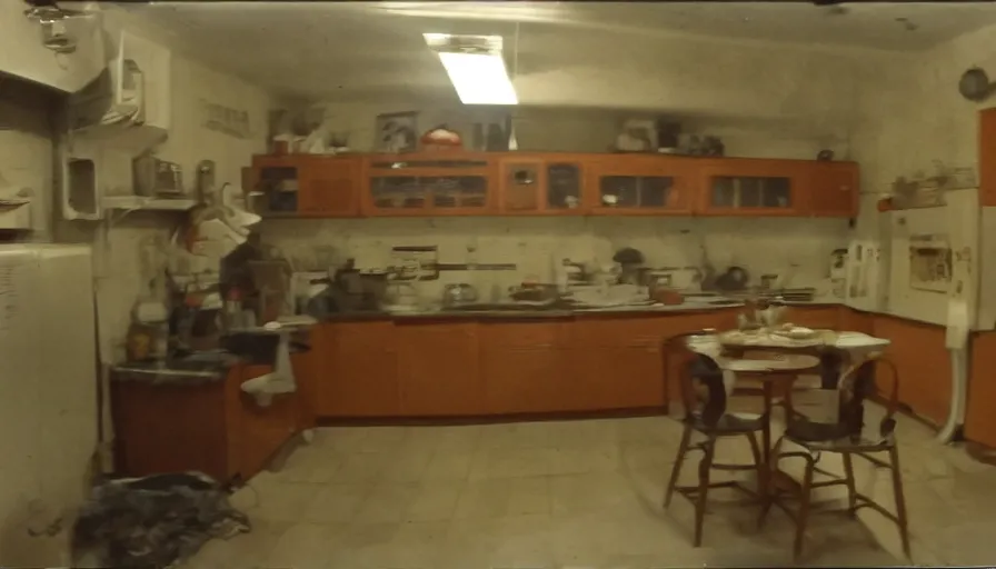 Image similar to a ai in a stalinist style kitchen, by mini dv camera, very very low quality, heavy grain, very blurry, accidental flash, webcam footage, found footage, security cam, caught on trail cam