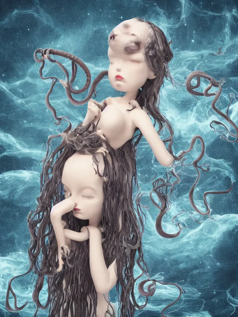 Image similar to cute fumo plush gothic octopus maiden alien girl combing her hair in the waves of the dark galactic abyss, tattered ragged gothic dress, ocean waves and reflective splashing water, ocean simulation, vignette, vray