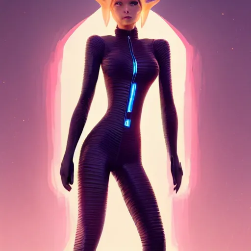 Image similar to full body portrait of an female elf wearing a skintight suit, an ultrafine hyperdetailed illustration by tooth wu and wlop and beeple and greg rutkowski, trending on artstation, highly detailed, 4 k, 8 k