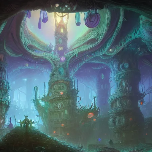 Image similar to concept art detailed painting of a dark purple fantasy fairytale fungal town made of mushrooms, with glowing blue lights, in the style of jordan grimmer and neil blevins and wayne barlowe