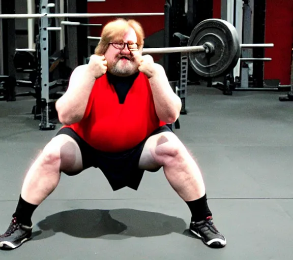 Image similar to gabe newell performing squats, award winning photograph by artie zeller