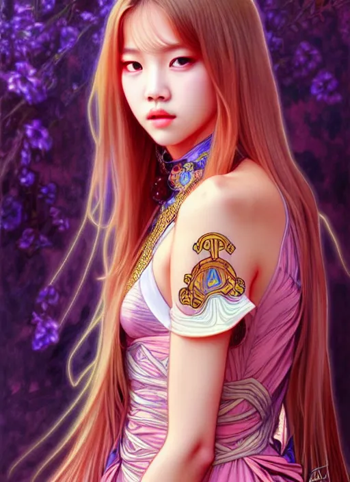 Image similar to lalisa manoban of blackpink, tarot card, highly detailed, digital painting, smooth, sharp focus, illustration, ultra realistic, 8 k, art by artgerm and alphonse mucha