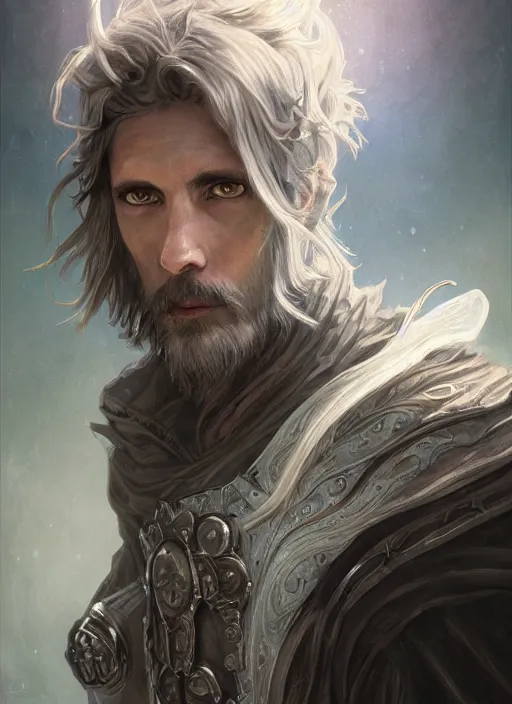 Prompt: Portrait of hexblade warlock Paladin, white glowing eyes, silver shaggy hair, short brown, scruffy beard, cloak, teal ethereal tendril wings, male, fantasy, extremely detailed, digital painting, artstation, concept art, smooth, sharp focus, illustration, stunning lighting, art by artgerm and greg rutkowski and alphonse mucha and simon stalenhag, realistic character concept, high fantasy, light atmosphere, golden ratio, cinematic lighting, hyperdetailed, high resolution, insanely detailed and intricate, artstation, Marc Simonetti, Greg Rutkowski