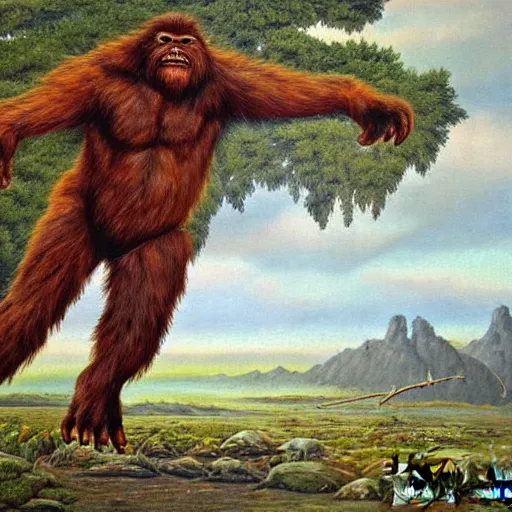 Prompt: sasquatch fighting with aboriginal tribe painting by john glover