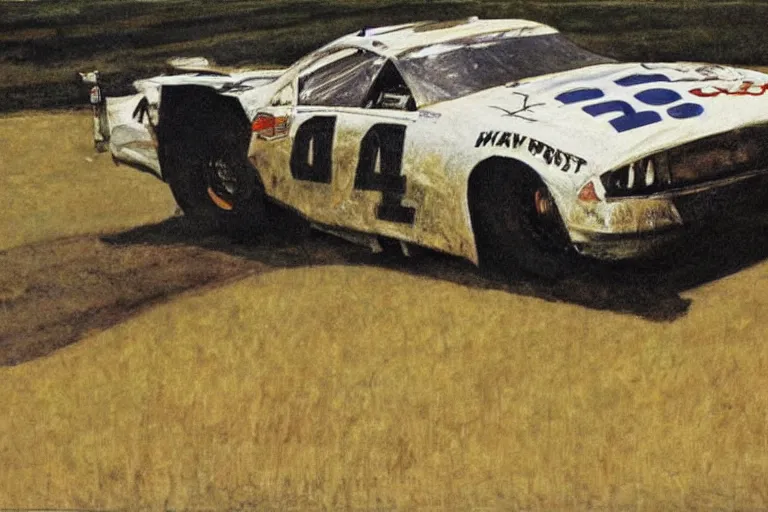 Image similar to nascar race, painting by andrew wyeth, very detailed, high quality,