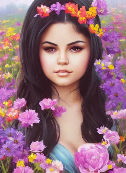 Prompt: beautiful thirty year old woman with long black hair, tan skin, curvy hourglass figure, round cute face, slightly resembles selena gomez wearing a colorful modest disney princess gown in a field of flowers. beautiful painting by artgerm and greg rutkowski and lois van baarle