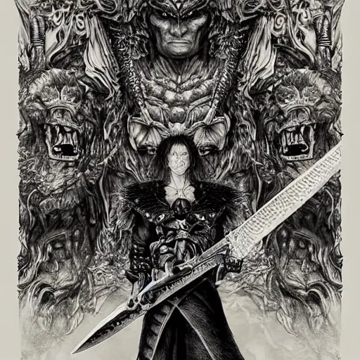 Image similar to arnold swarchenegger with giant sword, intricate detailed dark fantasy art by kentaro miura