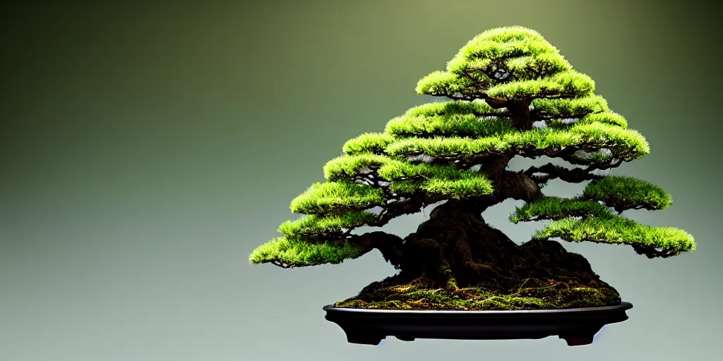 Prompt: photo bonsai cedar on angular cnn precious emerald in the water, gold hour, soft lighting, light fog, medium full shot, volumetric lighting, beautiful, ultra detailed, cgsociety by leesha hannigan, thierry doizon, 3 5 mm, fujifilm, cinematic, realistic