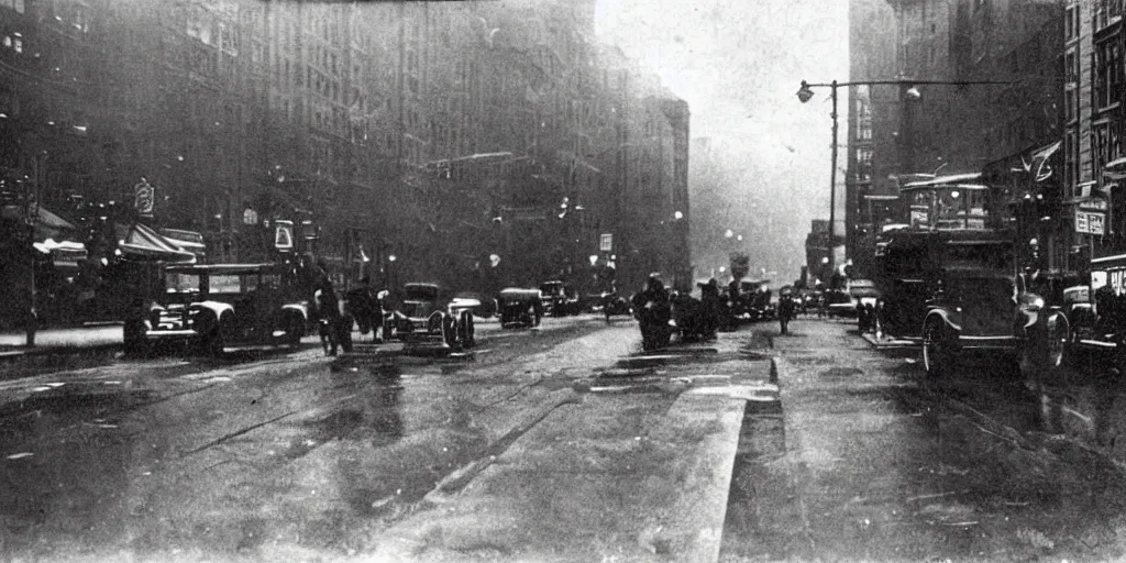 Image similar to a photo of 1 9 2 0 s downtown boston, dark, brooding, atmospheric, lovecraft