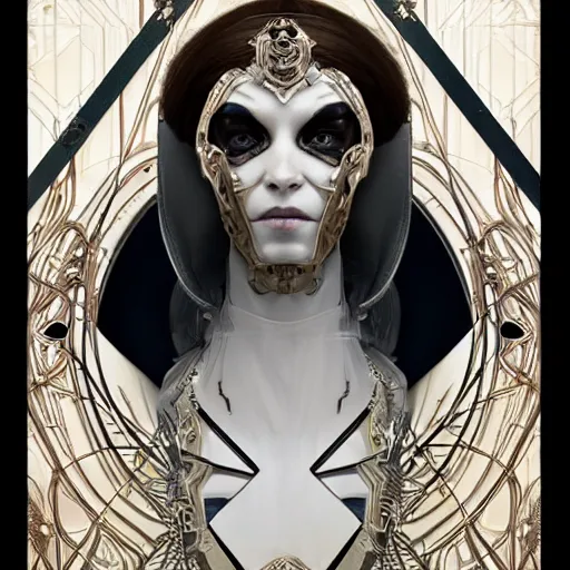 Image similar to a cyborg empress with mask, art nouveau ivory accessories, cyberpunk, darksynth, luxury, concept art by jama jurabaev, extremely detailed, ominous, ethereal, artstation, andree wallin, edvige faini, balaskas, alphonse mucha, symmetry