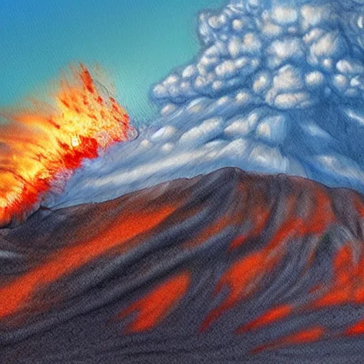 Image similar to photo realistic art of t-rex roaring, Volcano erupting far in the background, very very very very detailed