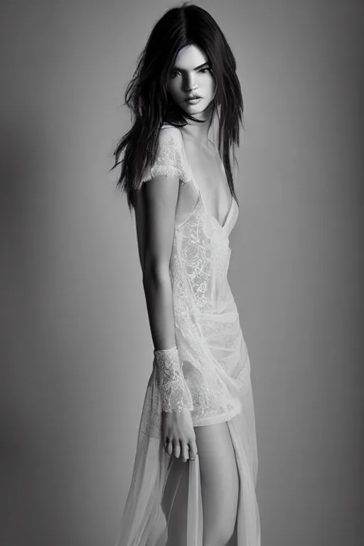 Image similar to emotionnal shot. fragile shy woman looking like Kendall Jenner with sheer dress with plunging neckline and lace sleeves. award-winning fashion photography. intimate and vulnerable lighting. 130mm bw fashion photography .