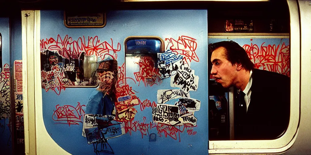 Image similar to new york subway cabin 1 9 8 0 s inside all in graffiti, policeman closeup, coloured film photography, christopher morris photography, bruce davidson photography