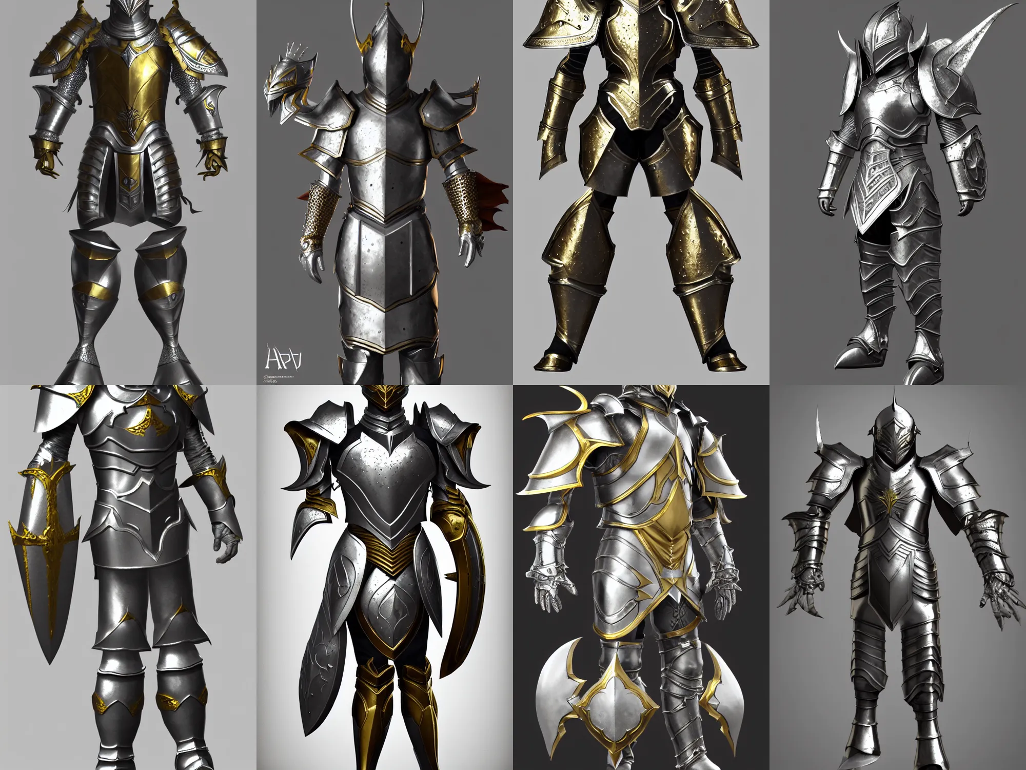 Prompt: render of awesome fantasy armor, silver with gold trim, huge pauldrons, medieval fantasy, extremely clean, flat shading, exaggerated proportions, trending on Artstation, heroic fantasy character concept, HD Octane render, 8k