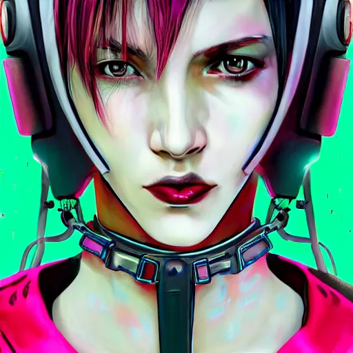 Image similar to detailed realistic cyberpunk female character cyberpunk wearing steel collar around neck, realistic, art, beautiful, 4K, collar, choker, collar around neck, punk, artstation, detailed, female, woman, choker, cyberpunk, neon, punk, collar, choker, collar around neck, thick collar, choker around neck, wearing choker, wearing collar, bright neon punk hair,