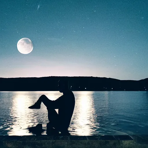 Image similar to a man siting in front of water looking at the moon light in the night