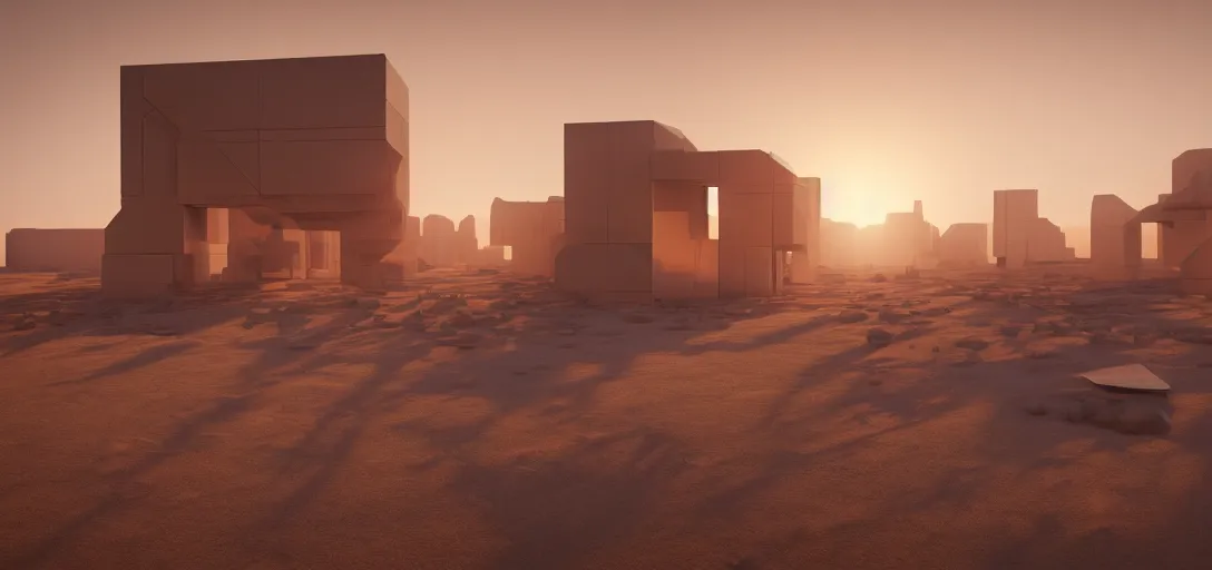 Image similar to view from the desert ground of futuristic blocky brutalist structure at dusk, the sun has just set, glowing heat haze, mirage, light rays, symmetry, cinematic lighting, ultra detailed, sharp, ambient occlusion, bloom, raytracing, by greg rutowski, finnian macmanus and jessica rossier