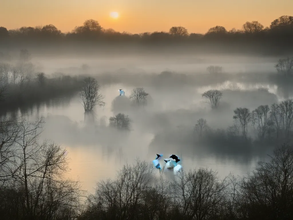 Image similar to A landscape photo taken by Kai Hornung of a river at dawn, misty, early morning sunlight, cold, chilly, two swans swim by, rural, English countryside