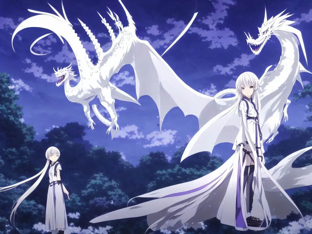 Prompt: anime art full body portrait character concept art, be surrounded by a huge silver white dragon center, in white clouds fairyland, anime key visual of violet evergarden, finely detailed perfect face delicate, raphael lacoste, trending on pixiv fanbox, james jean, violet evergarden, studio ghibli, xision, extremely high quality artwork