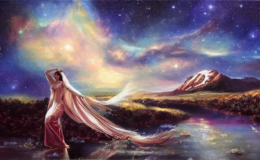 Image similar to magnificent and splendid oil painting of the shining Goddess of the night starry sky