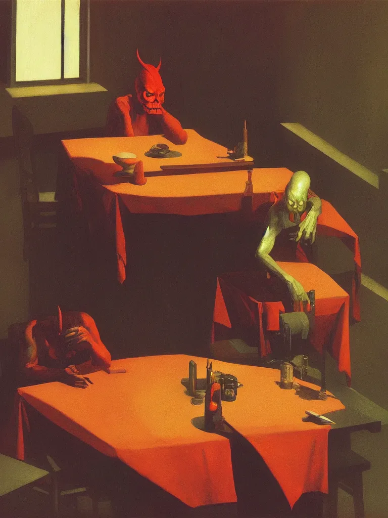 Image similar to the devil eating computer in the table edward hopper and james gilleard, zdzislaw beksinski highly detailed