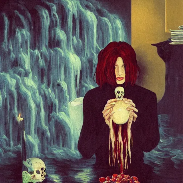 Image similar to tall female emo artist holding a skull in her flooded apartment, pomegranates, octopus, water gushing from ceiling, painting of flood waters inside an artist's apartment, a river flooding indoors, candles, ikebana, zen, rapids, waterfall, black swans, canoe, berries, acrylic on canvas, surrealist, by magritte and monet