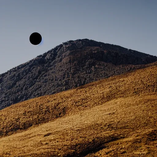 Image similar to a black dot in the sky above a hilly mountain, landscape