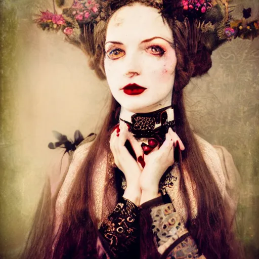 Image similar to A beautiful portrait of a lady vampire, steampunk, photography, 35mm, soft light, cinematic, klimt