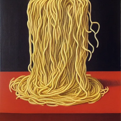 Prompt: painting of spaghetti by rene magritte, hd, 4 k, detailed, award winning