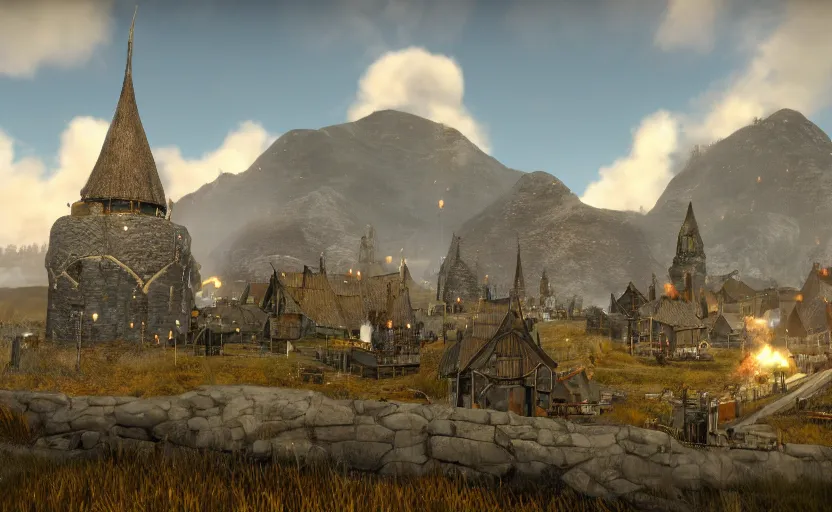 Image similar to whiterun in the style of pixar