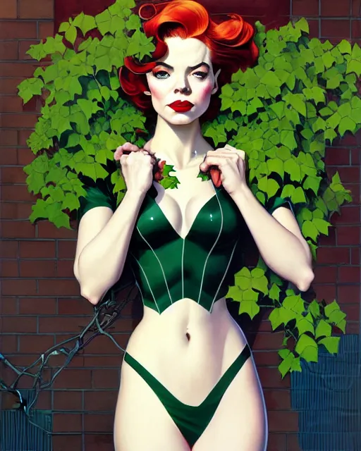 Image similar to joshua middleton, phil noto, norman rockwell, artgerm, 1 9 5 0 s rockabilly emma stone poison ivy dc comics, vines, symmetrical eyes, city rooftop