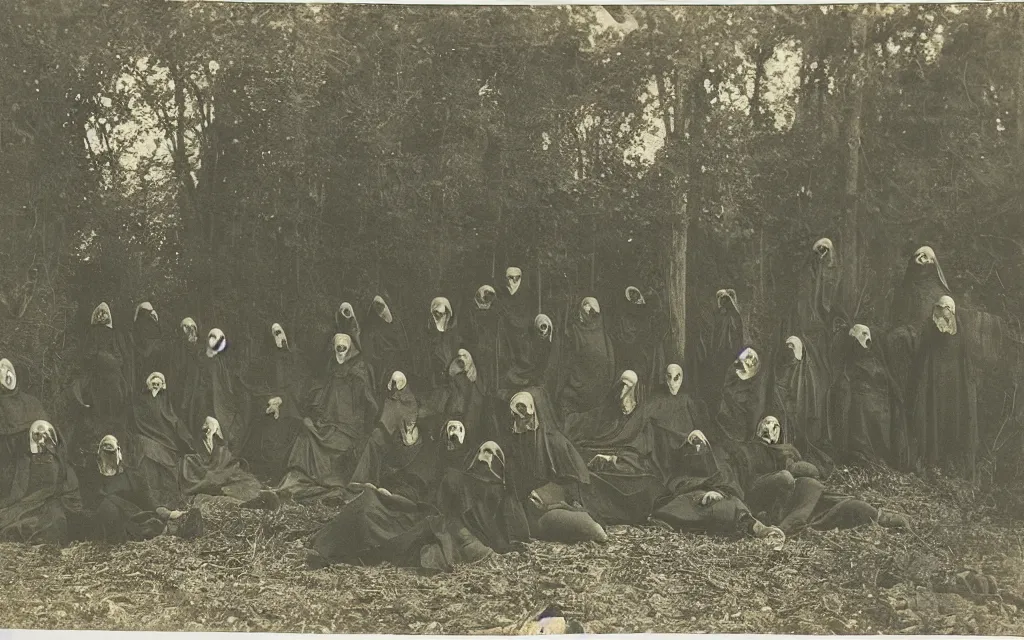 Prompt: 19th century photo of a cult dark old cultists wearing masks in dark forest late night with fireplace by Louis Daguerre