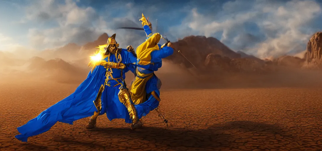 Image similar to a warrior in blue and yellow robes fighting a dark beast in a desert, detailed face, luminescent eyes, sunny weather, rendered in octane, realistic, 8 k, vivid, intricate, detailed, mist, fog, dramatic light