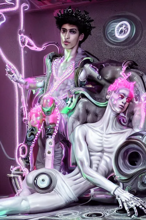 Prompt: full-body rococo and cyberpunk style neon statue of a young attractive Zayn Malik macho dotado e rico android sim roupa reclining con las piernas abertas e la piroca dura, glowing white laser eyes, prince crown of pink gears, diamonds, swirling silver-colored silk fabric. futuristic elements. full-length view. space robots. human skulls. intricate artwork by caravaggio. Trending on artstation, octane render, cinematic lighting from the right, hyper realism, octane render, 8k, depth of field, 3D