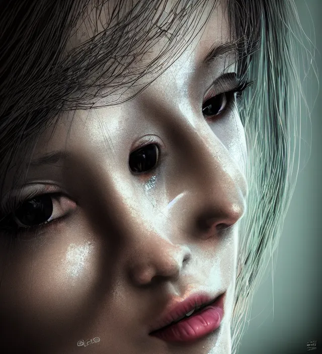 Image similar to photo 3 d rendering of a beautiful girl epic photorealistic portrait in ito junji frank miller alex ross escher giger sorayama buddhist biopunk cosmic horror style depth of field lens flare leica zeiss detailed trending award winning on flickr