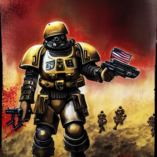 Image similar to heavy armor soldier wearing space marine like armor but in real life, walking in a river of blood full of human bloody dead bodies and human parts, shooting with his gun, explosions in background, painting style