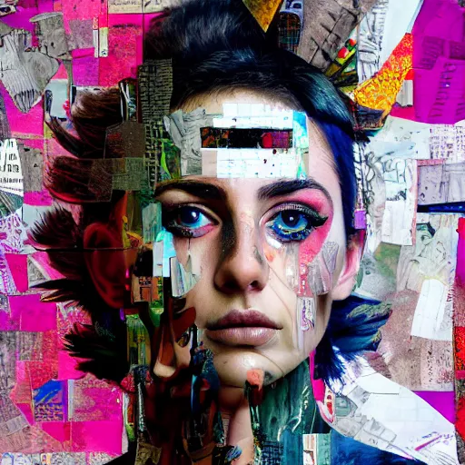 Prompt: Roman contemporary Goddess, collage, highly detailed, digital painting, 4k, HDR, punk, fashion, smooth, sharp focus, art by Sandra Chevrier, John Hoyland, teamLab