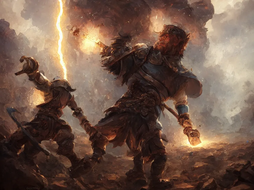 Prompt: a blacksmith throwing a hammer made out of lightning in the baroque era, hearthstone art style, epic fantasy style art by Craig Mullins, fantasy epic digital art, epic fantasy card game art by Greg Rutkowski