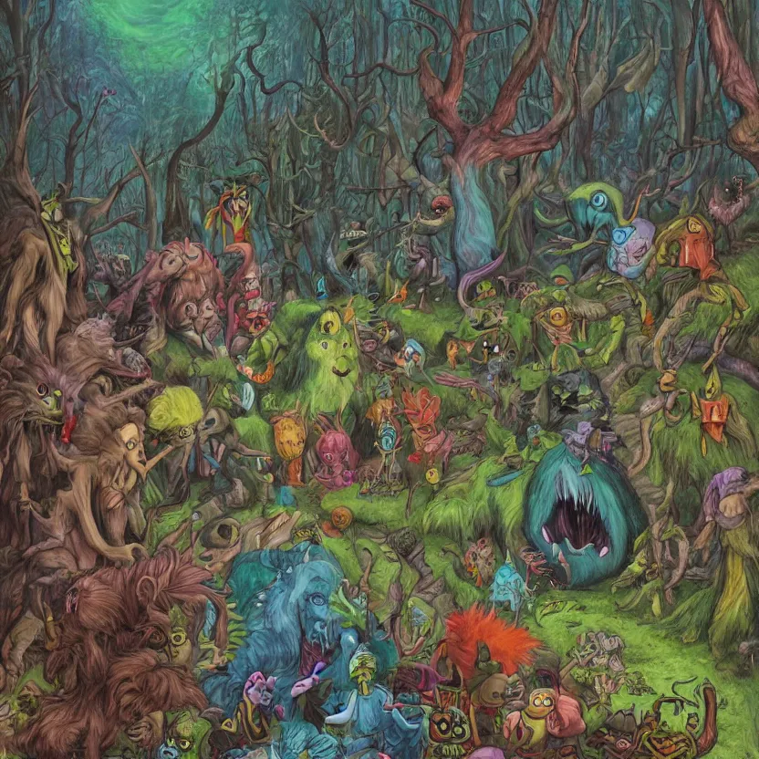 Image similar to a scene of colorful cartoon monsters in the clearing of a dark fantasy forest surrounded by darkness. hyperrealist illustration. muted colors. 1 9 7 0's pulp science fiction and fantasy cartoon for alice in wonderland and wizard of oz. highly detailed and richly colored painting by don ivan punchatz. trending on artstation