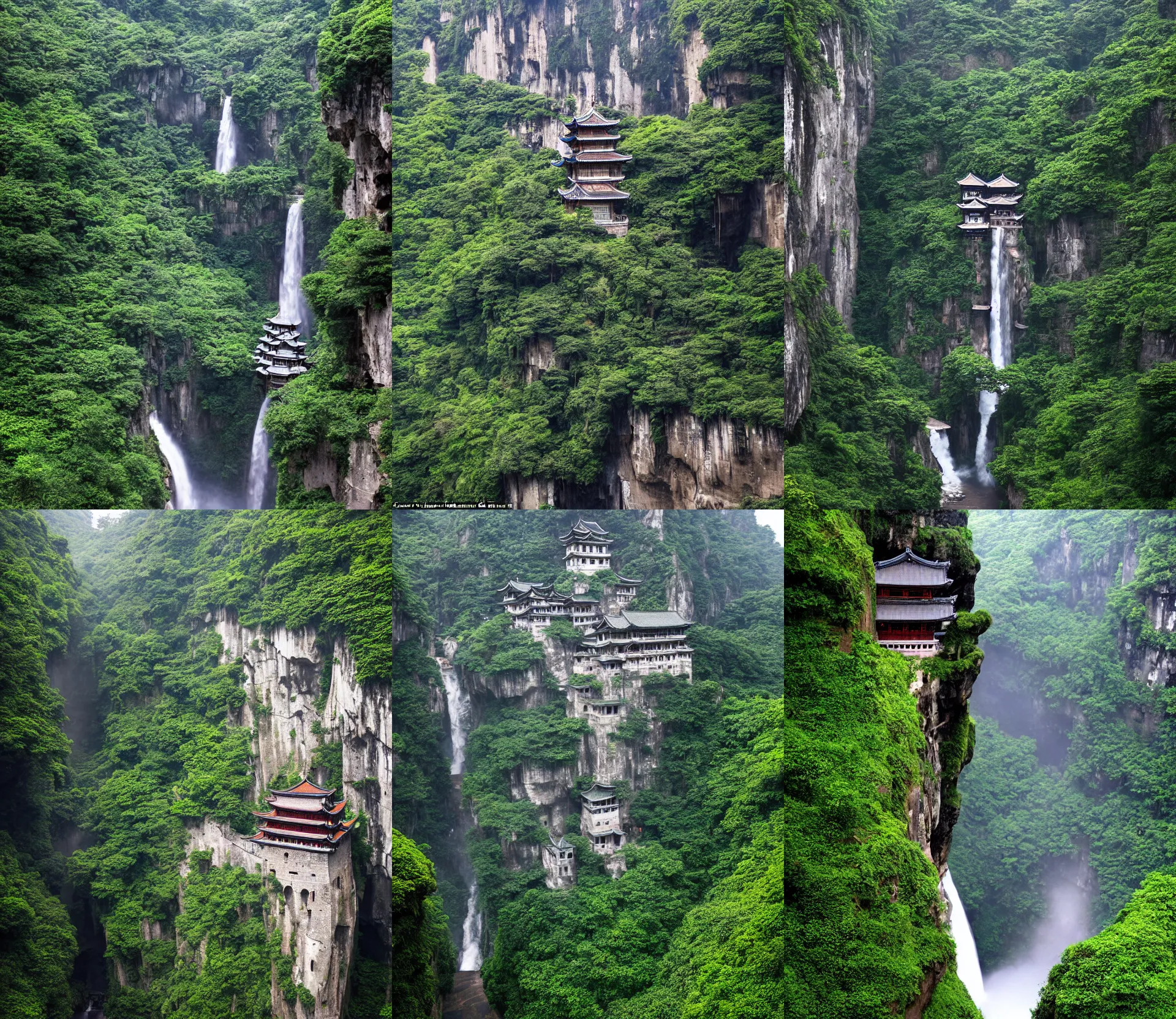 Prompt: establishing shot inside han son doong with waterfalls on either side of the cliff walls, a cloister is built into the cliff walls, at the top of the cliff is a japanese castle, at the bottom of the cliff is a clearing