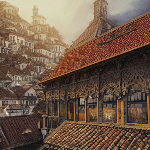 Image similar to traditional city with tiled roofs surrounded by a wooden wall, texture, intricate, details, highly detailed, masterpiece, architecture, building, trending on artstation, focus, sharp focus, concept art, digital painting, fantasy, sunny, day, midday