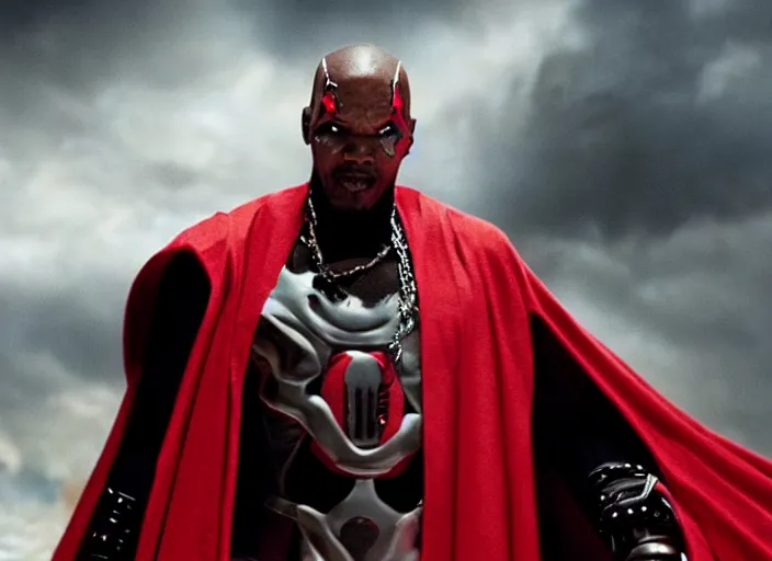 Image similar to film still of jamie foxx as spawn in the new spawn movie, giant chains, large cape, 8 k