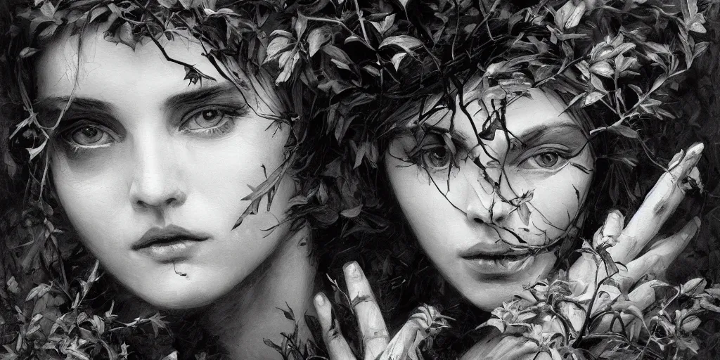 Prompt: highly detailed beautiful black and white oil painting, portrait, hand gesture, branches and foliage, beauty, dark, masterpiece, art by durero, riccardo federici, james jean, craig mullins, alphonse musha, illustration, draw, spatula, splash