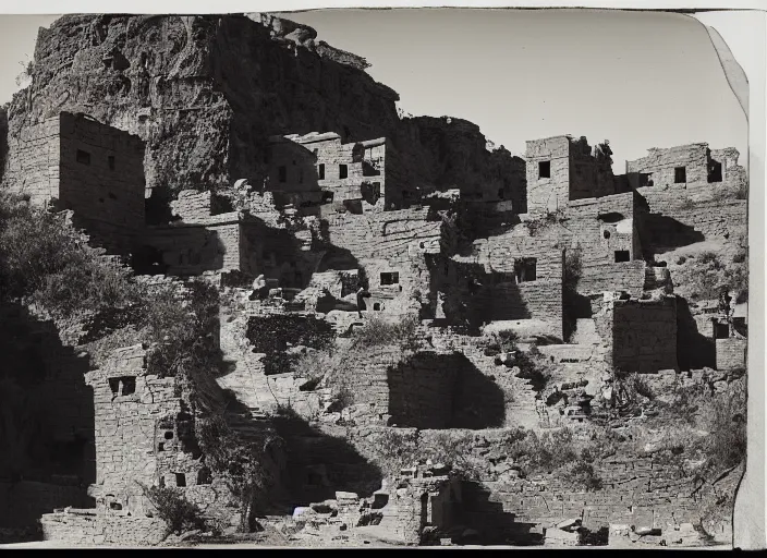 Image similar to Photograph of sprawling pueblo ruins carved out of a cliff face, showing terraced gardens and narrow stairs in lush desert vegetation in the foreground, albumen silver print, Smithsonian American Art Museum