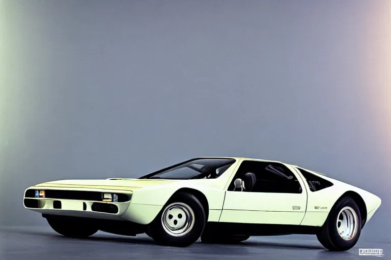 Image similar to designed by giorgetto giugiaro stylized poster of a single 1 9 6 9 amc amx / 3 miura citroen dm bmw m 1 ( ( mclaren f 1 ) ) delorean concept, thick neon lights, ektachrome photograph, volumetric lighting, f 8 aperture, cinematic eastman 5 3 8 4 film