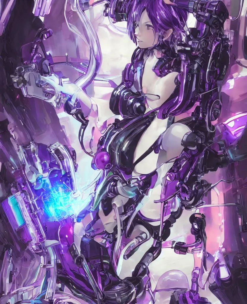 Image similar to A beautiful painting of a cyberpunk anime girl with purple hair and an a huge robot arm sensual stare, augmentations and cybernetic enhancements neon circuits, by Stanley Artgerm Lau, WLOP, Rossdraws, James Jean, Andrei Riabovitchev, Marc Simonetti, and Sakimichan, trending on artstation, hyperrealist, cinema4D, 8k highly detailed ❤️‍🔥 🔥 💀 🤖 🚀