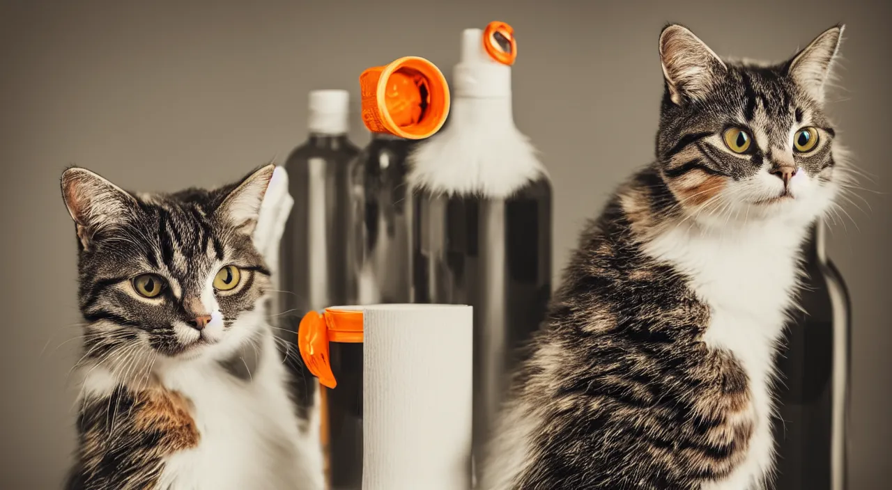 Image similar to a cat standing next to a bottle of medicine. the cat was orange in color and having fluffy fur. animal. digital art. pixabay. shutterstock.