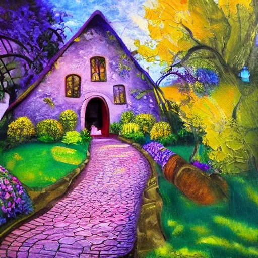 Image similar to fairytale house, amazing colors, path leading to the house, oil painting, trending,