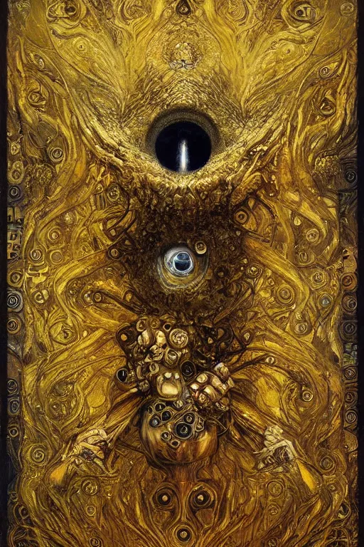 Image similar to The Bone Hammer by Karol Bak, Jean Deville, Gustav Klimt, and Vincent Van Gogh, otherworldly, fractal structures, arcane, prophecy, ornate gilded medieval icon, third eye, spirals